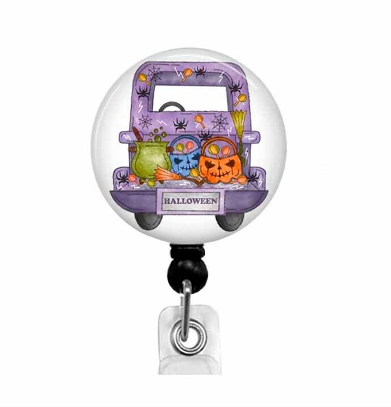 Halloween Badge Reel, Vintage Truck with Pumpkins, Retractable Stethoscope ID Tag