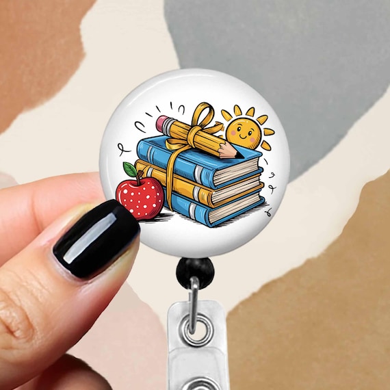 Teacher Badge Reel, ID Holder With Books, 1.75" Button Top