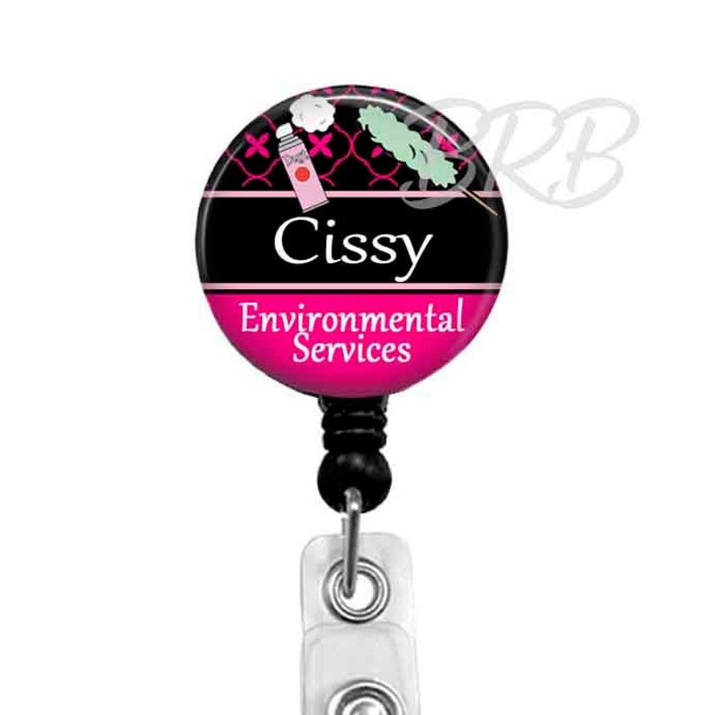 EVS Retractable Name Badge Holder for Housekeeper in Hospital Hotel Environmental Services, Personalized ID Clip, Hot Pink and Black, 721 image 1