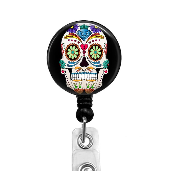 Sugar Skull Badge Reel, Dia de los Muertos Stethoscope Tag