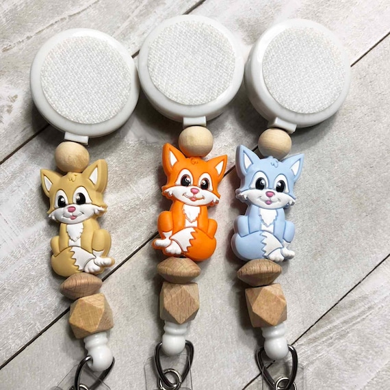 Cat Badge Reel: Silicone Bead with Wood Accents, Interchangeable Topper