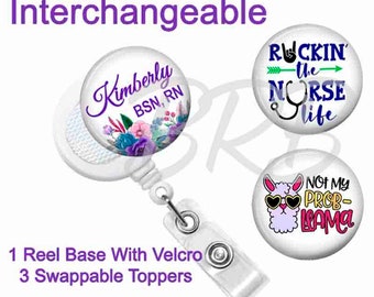 Nursing Badge Reel With 3 Interchangeable Toppers For RN - Personalized Gift - Lanyard - Steth or Yoke Tag