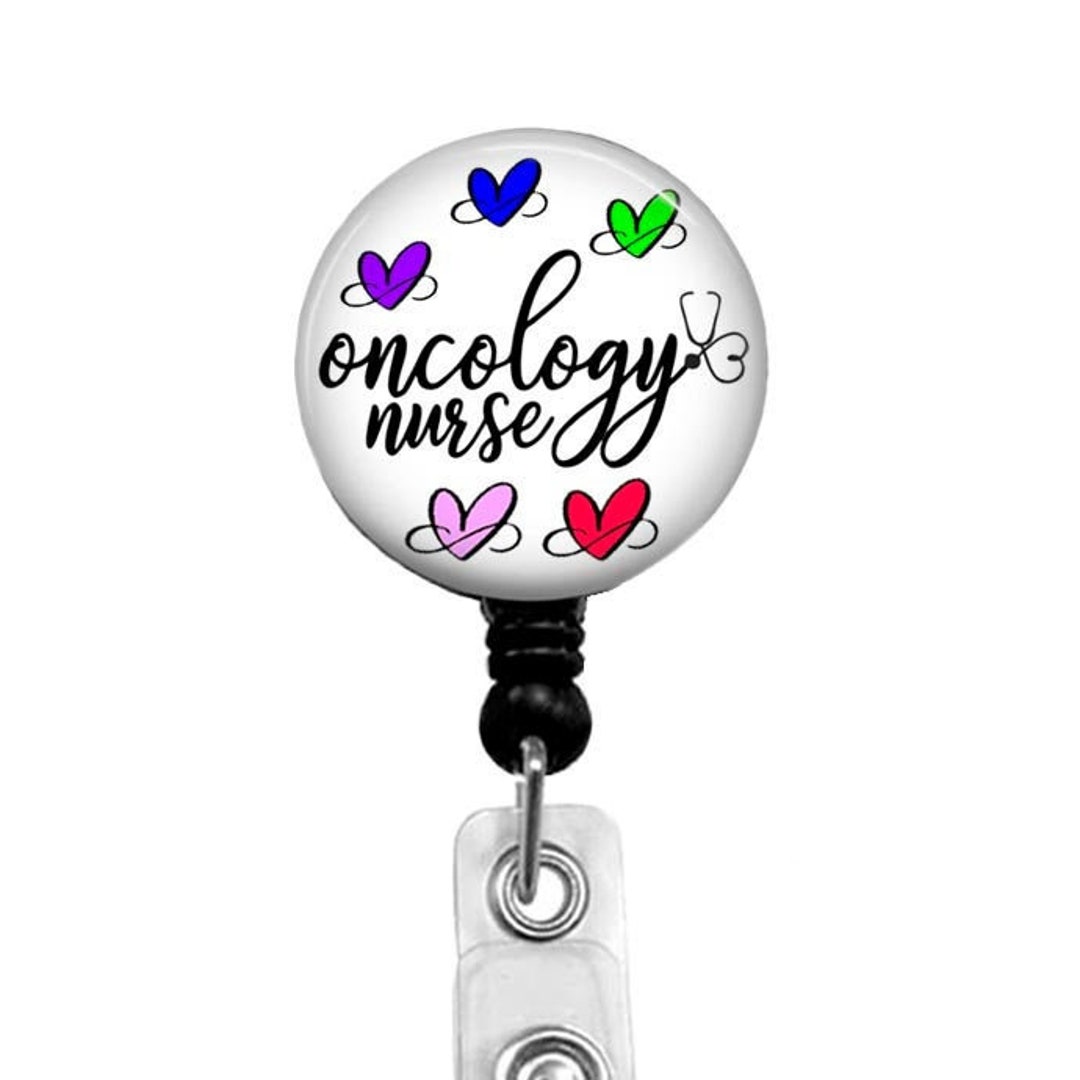 Oncology Nurse Retractable ID Badge Reel Holder With Colorful Hearts