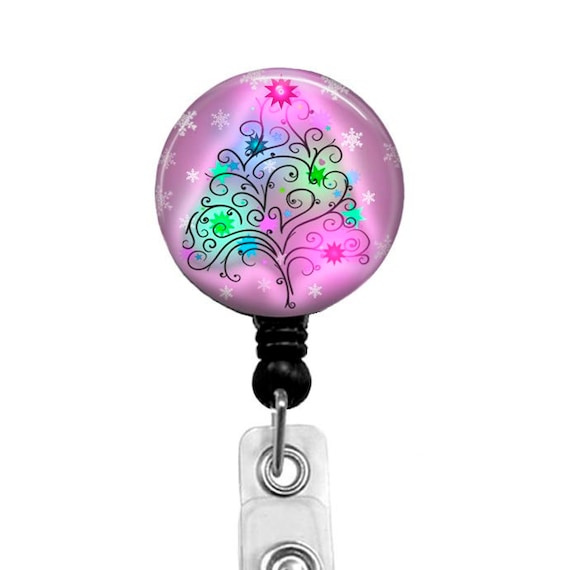 Pink Christmas Tree Badge Reel, Holiday Stethoscope ID Tag Set
