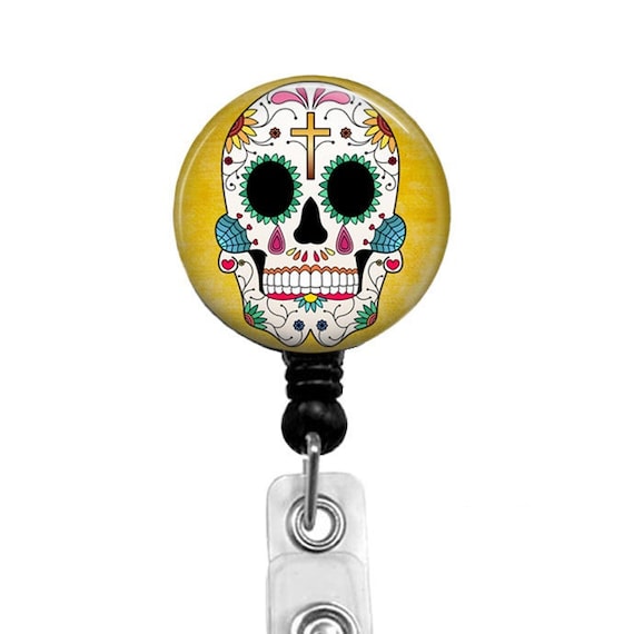 Sugar Skull Badge Reel, Day of the Dead Retractable ID Holder