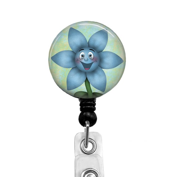 Happy Blue Flower Face Badge Reel: Retractable RN ID Holder