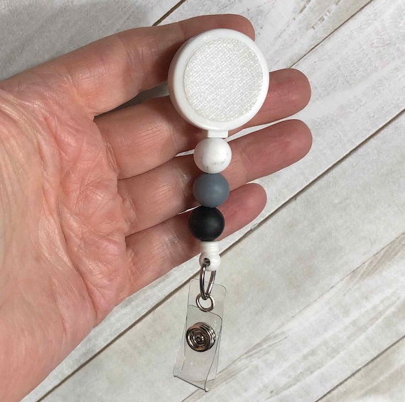 Interchangeable Badge Reel with Marble Gray & Black Beads