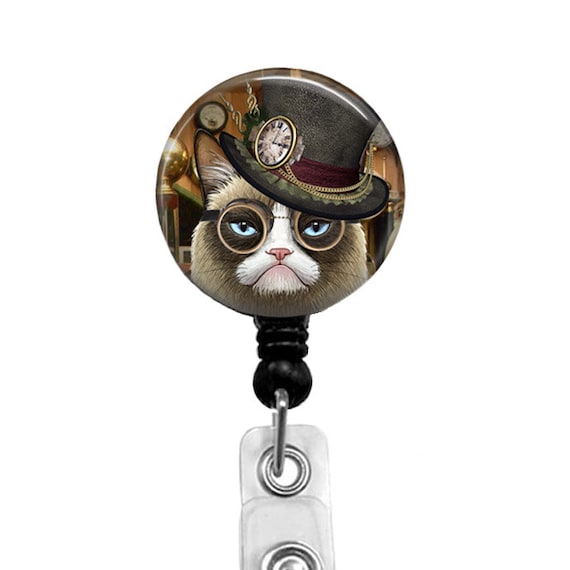 Steampunk Grumpy Cat Badge Reel Nurse Badge Holder Retractable Badge Reel  Computer Tech Name Tag Steam Punk Grumpy Cat, 332G 