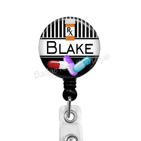 Pharmacy Badge Reel for Men, Personalized Retractable Badge Holder for Pharmacist  Pharmacy Tech, Name Tag Clip With RX and Meds, 519J 
