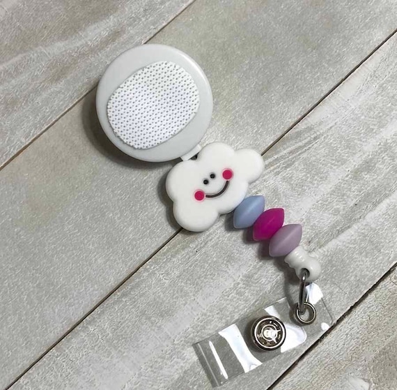 Interchangeable Beaded Badge Reel - Smiling Cloud With or Without Hook and Loop