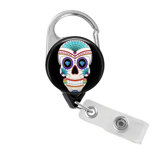 Sugar Skull Badge Reel: Dia de los Muertos Retractable ID Clip