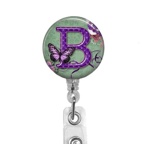 Initial Badge Reel: Purple Floral Butterfly ID Holder