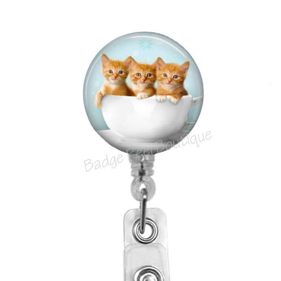 Kitten Badge Reel, Retractable Cat Badge Holder for Cat Lovers or Vet Tech, Kittens in a Cup of Milk Badge Reel, ID Name Badge Clip, 547