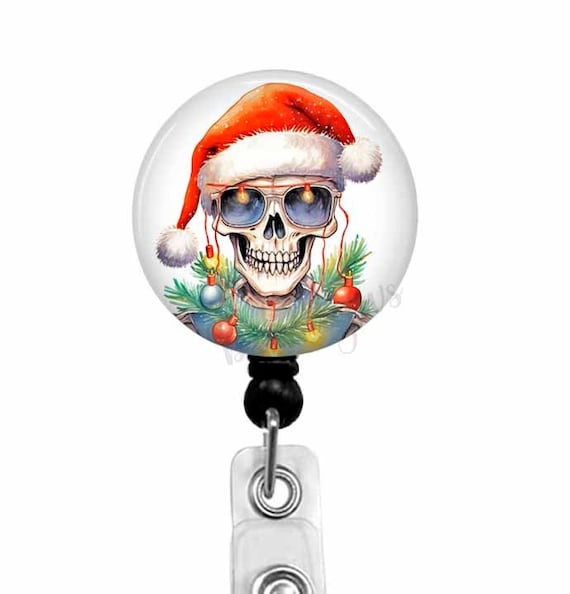 Funny Skeleton Christmas Badge Reel, Santa Hat, Retractable ID Holder