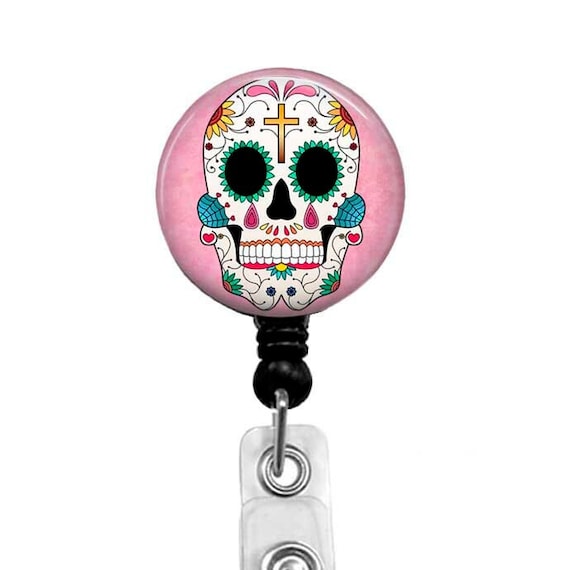 Sugar Skull Badge Reel: Day of the Dead, Retractable ID Card Holder