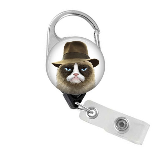 Indiana Jones Grumpy Cat Carabiner Badge Reel: Nurse ID Holder
