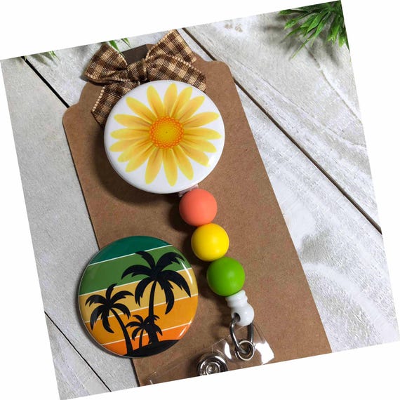 Interchangeable Badge Reel, Daisy Palm Tree Topper, Silicone Beads, Hook and Loop