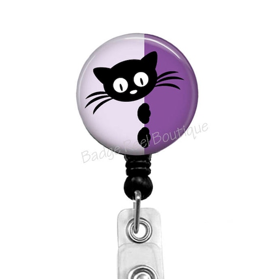 Black Cat Badge Reel, Purple Background, Vet Tech ID Holder, Nurse Clip