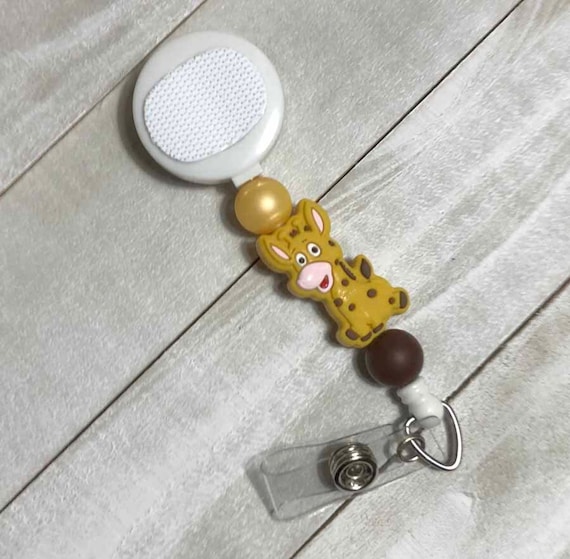 Interchangeable Badge Reel - Giraffe Gold & Brown Beads With or Without Hook and Loop