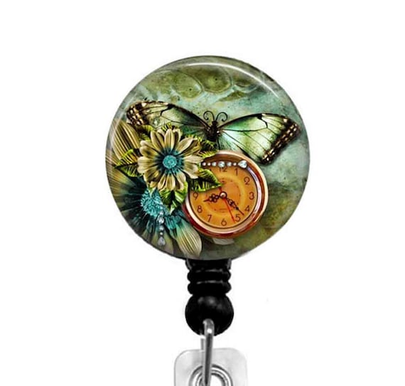 Butterfly and Clock Badge Reel: Retractable ID Holder