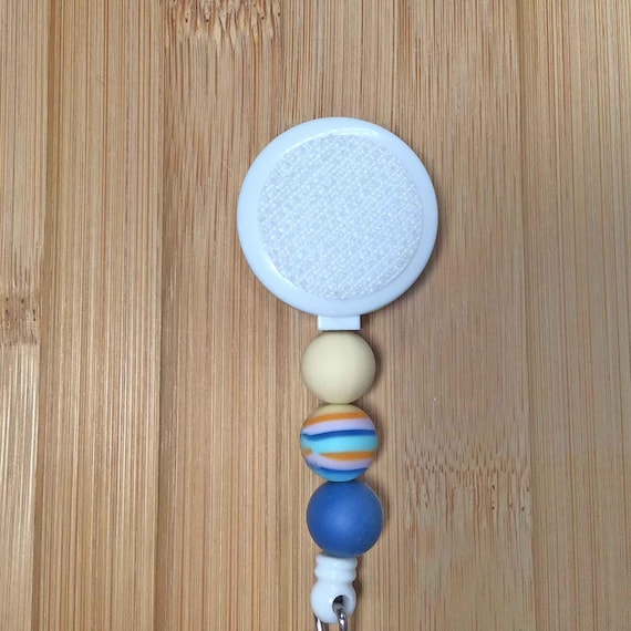 Beaded Badge Reel: Vanilla Rainbow & Sapphire Silicone Beads
