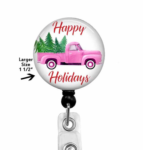 Retro Pink Truck Christmas Badge Reel, Holiday ID Tag