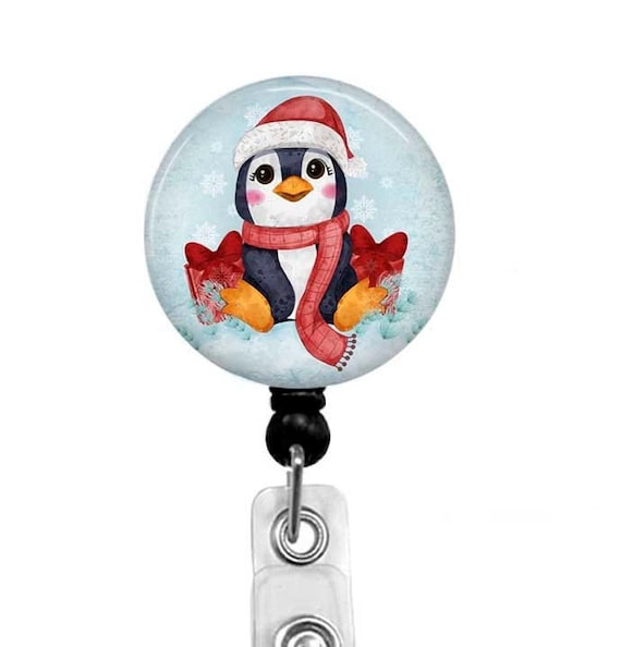 Christmas Penguin Badge Reel, Holiday ID Tag, Carabiner Clip
