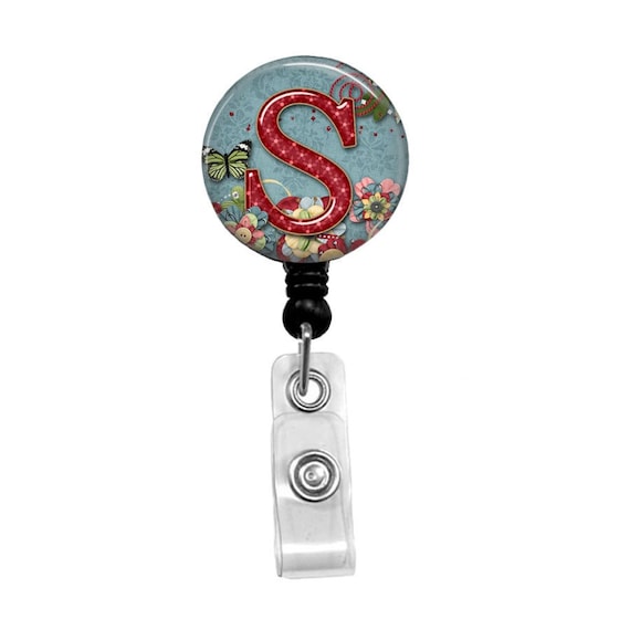 Initial Badge Reel: Floral Butterfly Retractable Badge Holder