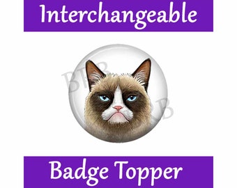 Grumpy Cat Badge Topper for Interchangeable Badge Reels, Swappable Badge Top, Hook & Loop