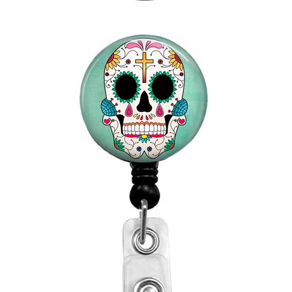 Sugar Skull Retractable Badge Reel: Dia de los Muertos Green Skull