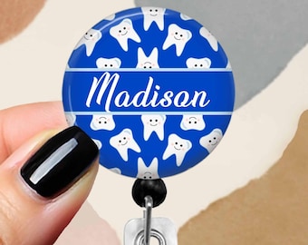 Badge Reel Dental Teeth, Personalized ID Holder Hygienist or Dentist, 623