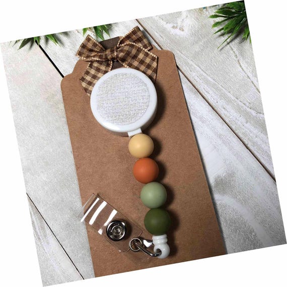 Interchangeable Beaded Badge Reel Earthtone Beads Hook and Loop
