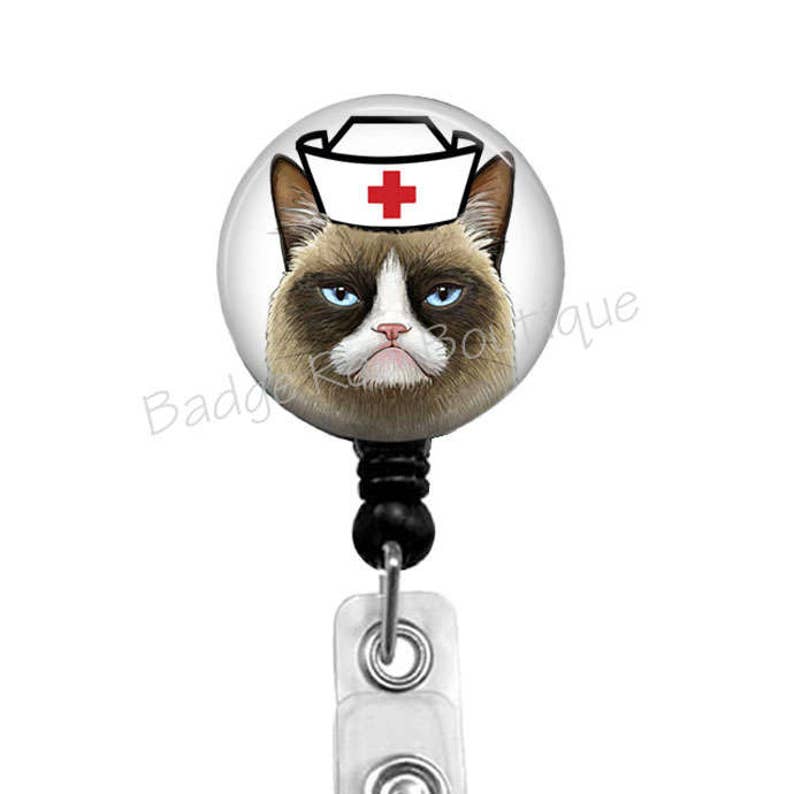 RN Grumpy Cat Badge Reel, Nurse Grumpy Cat Badge Holder, Retractable Badge Reel, ID Badge Reel, Nurse Badge Reel, Name Badge Reel, 256B image 1