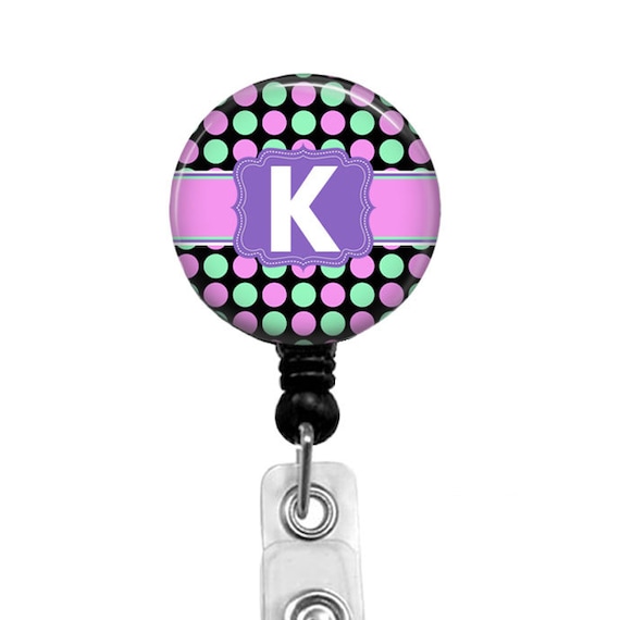 Personalized Initial Badge Reel: Pink & Green Polka Dot ID Tag
