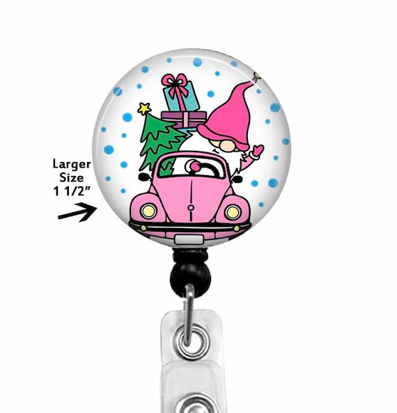Christmas Gnome Badge Reel, Pink VW Bug, Holiday ID Tag
