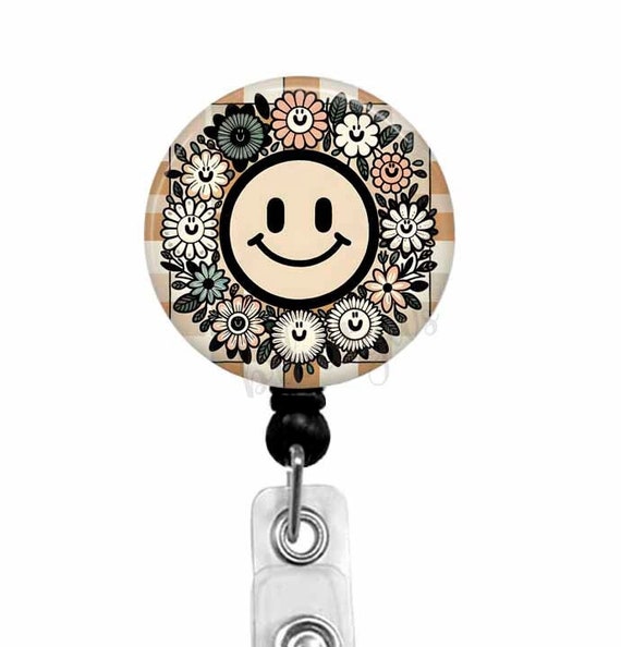 Happy Face Badge Reel, Floral ID Tag