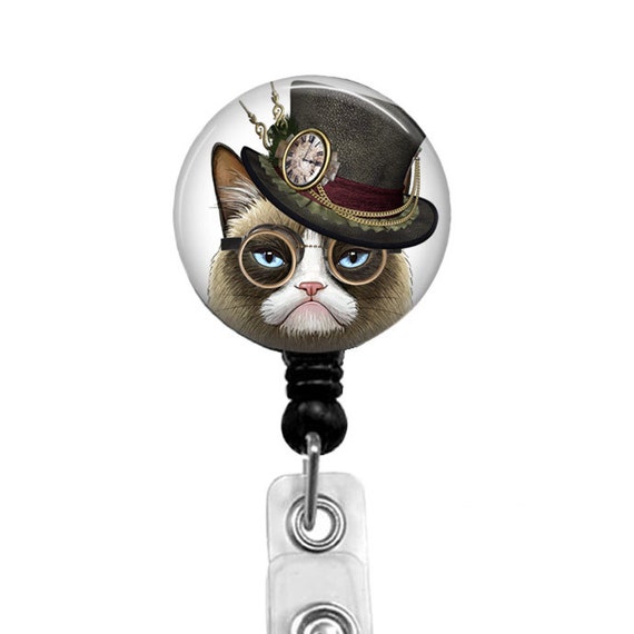 Steampunk Grumpy Cat Badge Reel: Retractable ID Holder