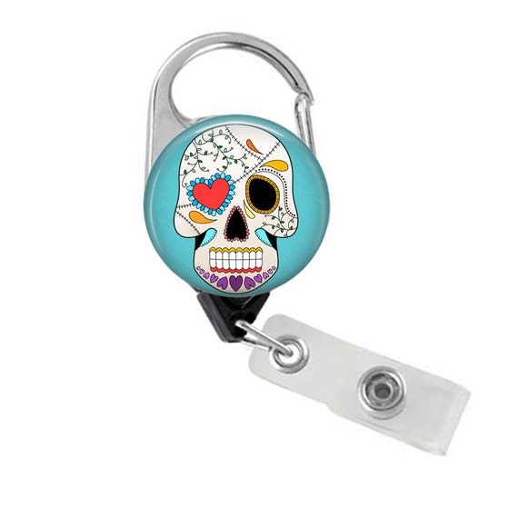 Sugar Skull Badge Reel, Day of the Dead Retractable ID Holder