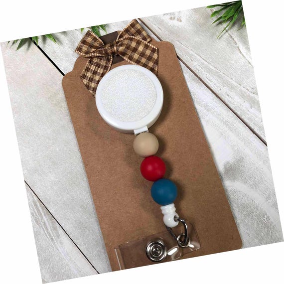 Interchangeable Badge Reel Tan Red & Blue Beads Hook and Loop - FREE Badge Topper