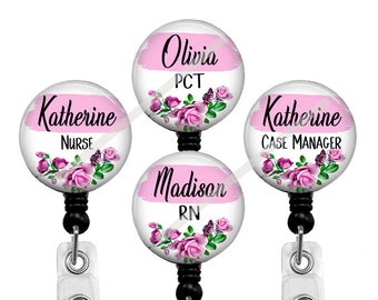 Pink Floral Badge Reel: Personalized Name Badge Clip
