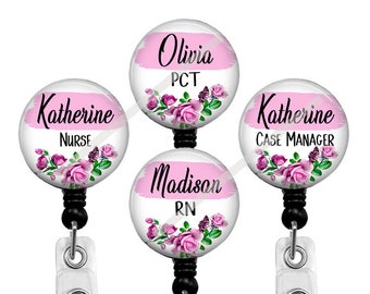 Pink Floral Badge Reel, Nurse Badge Reel, SLP Badge Reel, PCT Badge Reel, RN Retractable Badge Holder, Case Manager Name Badge Clip,  653M