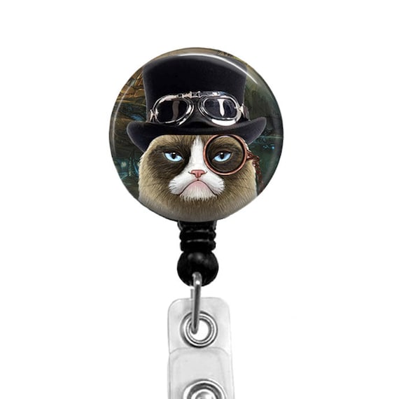 Steampunk Grumpy Cat Badge Reel: Retractable Nurse ID Holder