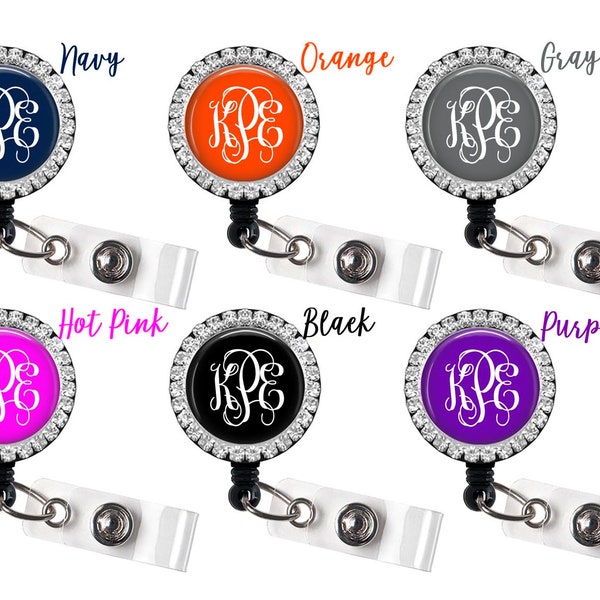 Monogram Badge Reel, Rhinestone Badge Reel Available in 6 Different Colors, Personalized Badge Holder, Bling Monogrammed Badge Reel, 633S