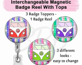 Retro VW Van Interchangeable Magnetic Badge Reel Holder With 3 Swappable Toppers in Three Colors