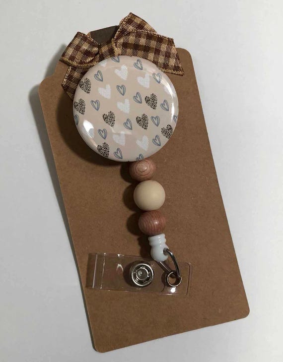 Interchangeable Badge Reel Wood and Silicone Beads in Neutral Color Hearts, ID Holder