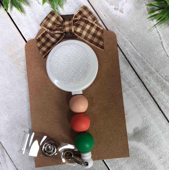 Interchangeable Badge Reel Peach Coral Green Beads Hook and Loop - FREE Badge Topper