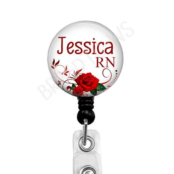 RN Badge Reel, Red Roses, Lanyard, Retractable Badge Holder, Name