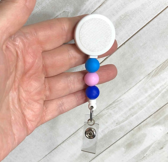 Interchangeable Silicone Bead Badge Reel: Blue & Pink, FREE Topper