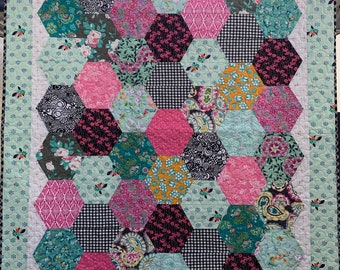 Large Lap Quilt Hexagon Patchwork handmade one of a kind