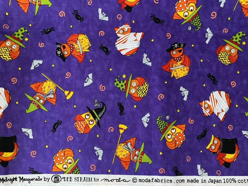 Moda Halloween Fabric Destash 2.5 Yards Midnight Masquerade Owls by Deb